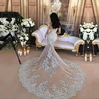 Summer Women Mermaid Wedding Dress Boho Plus Size Dubai Arabic Full Sleeves Champagnes Tulle Sliver Appliques Pearls Dresses