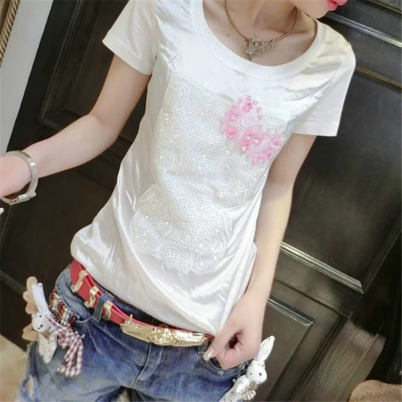 Кот Повседневное хлопок горячей бурения футболка Для женщин короткий рукав