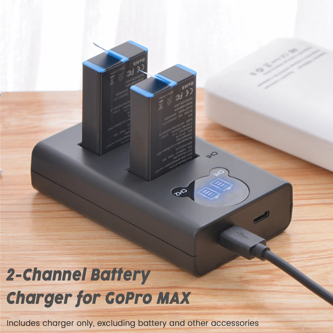 

Portable 2 in 1 Battery Charger for GoPro MAX Panoramic Action Camera Large Capacity Camera Spare Battery Charger with Dual Slot