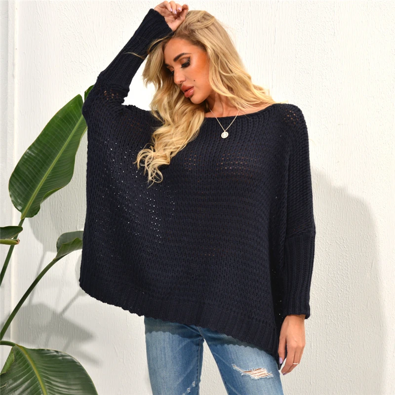 

2020 Autumn Women Sweaters Slash Neck Hollow Out Batwing Loose Casual Pullovers