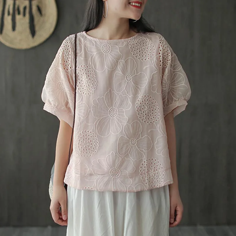 

Lamtrip Romantic Embroidery Short Sleeve Tee T-Shirt Women 2021 Summer