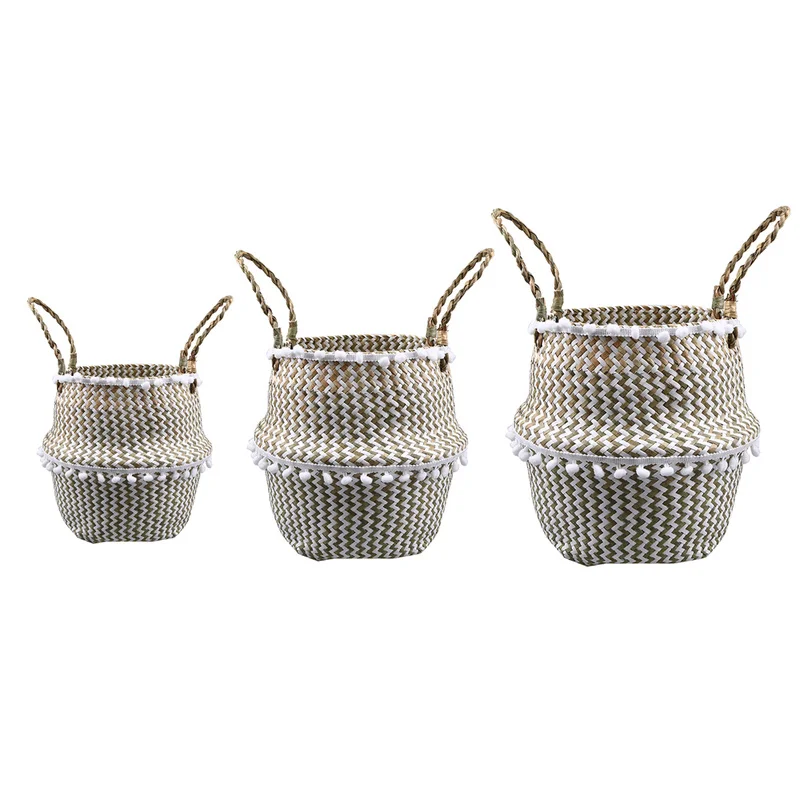 

3pcs 3size Handmade Storage Baskets Foldable Clothes Laundry Basket Straw Rattan Seagrass Belly Garden Flower Pot Plant Basket