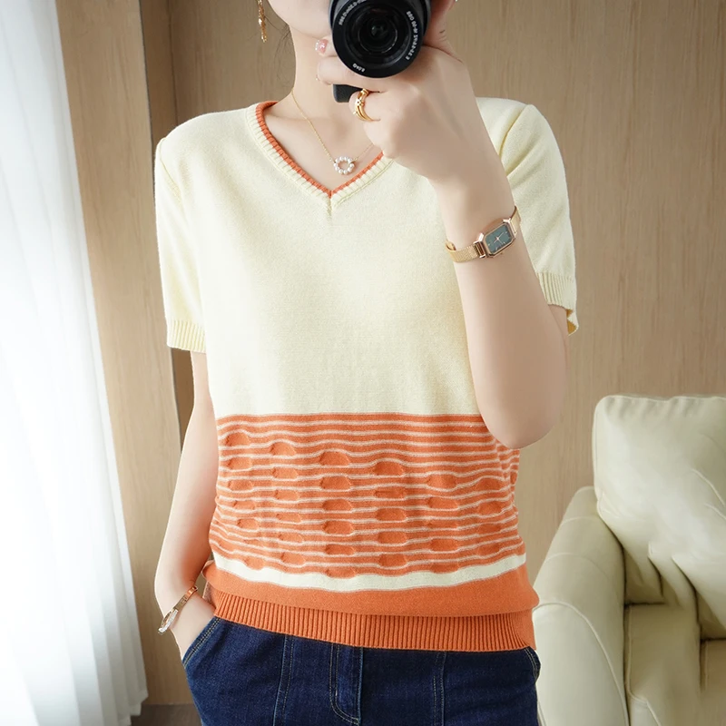 

Fashion Striped Patchwork Tops Women Summer V-Neck Short Sleeve Knitwear Pullover Female Korean Style Casual Elegant Sweater