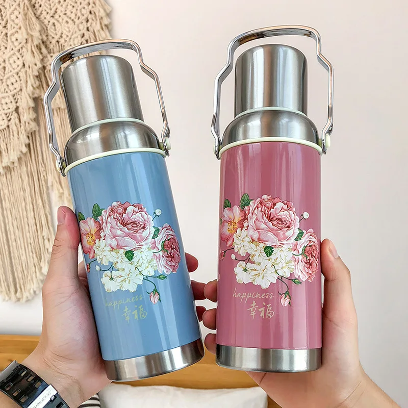 

Chinese Style Flower Antique Kettle Thermos Cup Large Capacity Outdoor Sports Portable Water Bottle Student Creative Cup