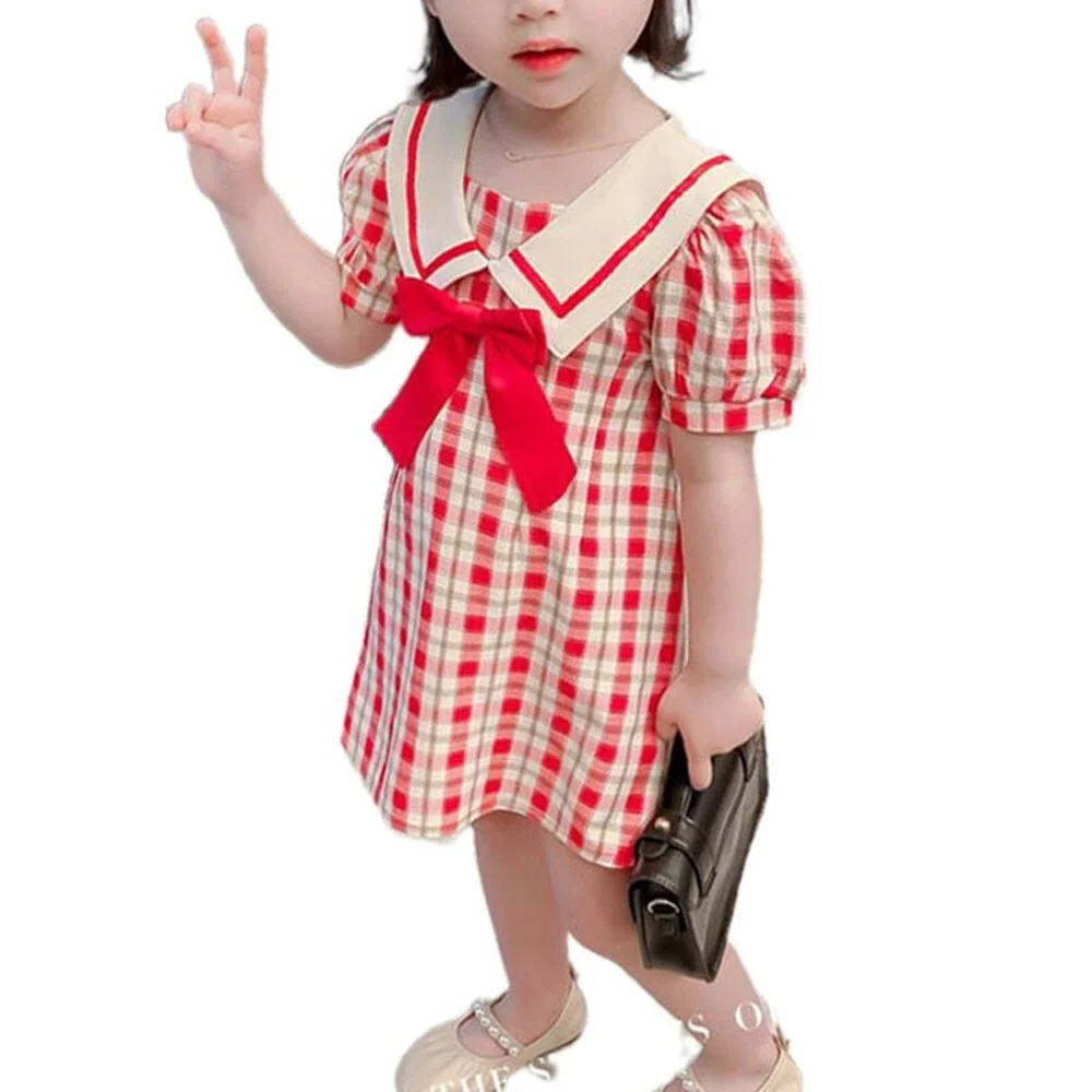 

Kids Girls Baby Dress Short Sleeve Bow-knot Plaid Summer Casual Party Mini