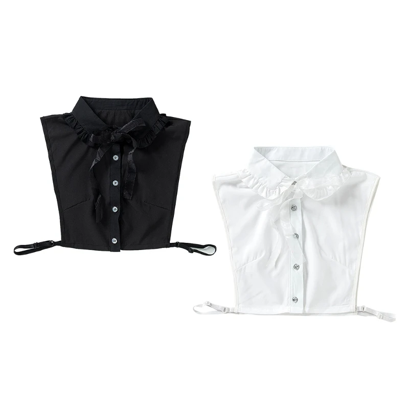 

Korean Style Women Elegant Gauze Ribbon Bowtie False Collar Office Lady Retro Ruffles Lapel Half Shirt Blouse Detachable