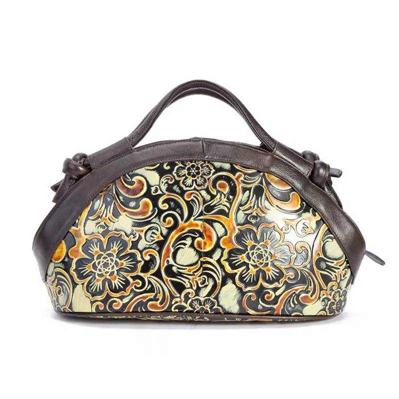 

Retro Genuine Leather Handbag 2021 New Handmade Floral Large Capacity Women Shoulder Bag Vintage Half Moon Bags