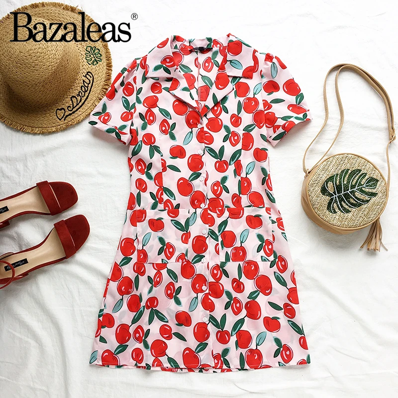 Женское облегающее платье Bazaleas винтажное с принтом синих вишен на пуговицах лето