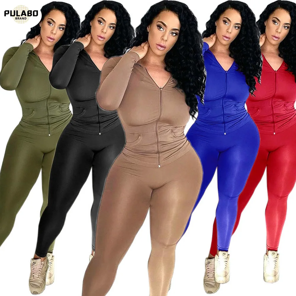 

Autumn Solid Fitness Long Sleeve Hooded Jackets+sporty Jogger Legging Women Fashion Matching Sets Stretchy Workout Tracksuits