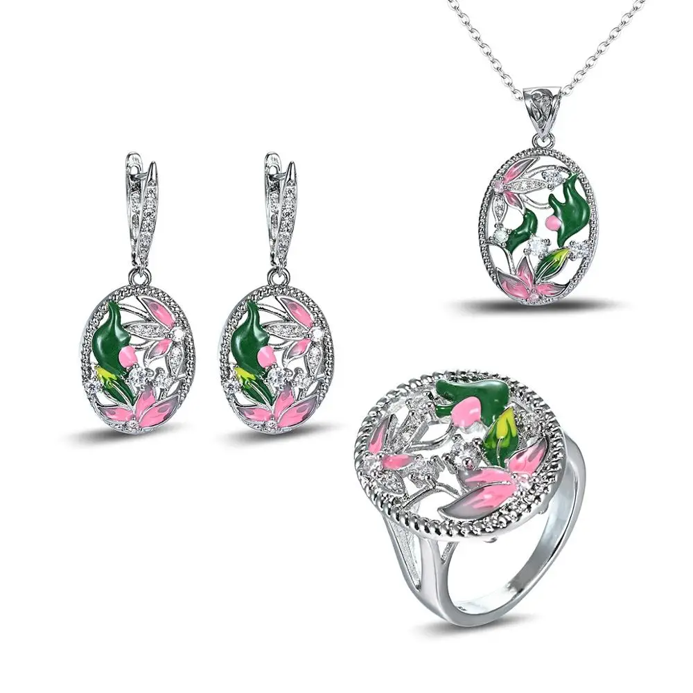 Кулон с овальным цветком колье серьги из серебра 925 пробы эмалью | Украшения и