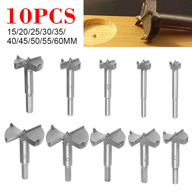 

10Pcs Woodworking Forstner Drill Bits Set Alloy Wood Hole Saw Wood Drill Knothole Drill Hinge Drill 15-60mm Hinge Forstner Bits