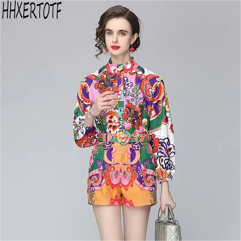 

2021 summer fashion Casual women stand collar shirt tops+ high-waist wide-leg shorts two-piece holiday Casual suit