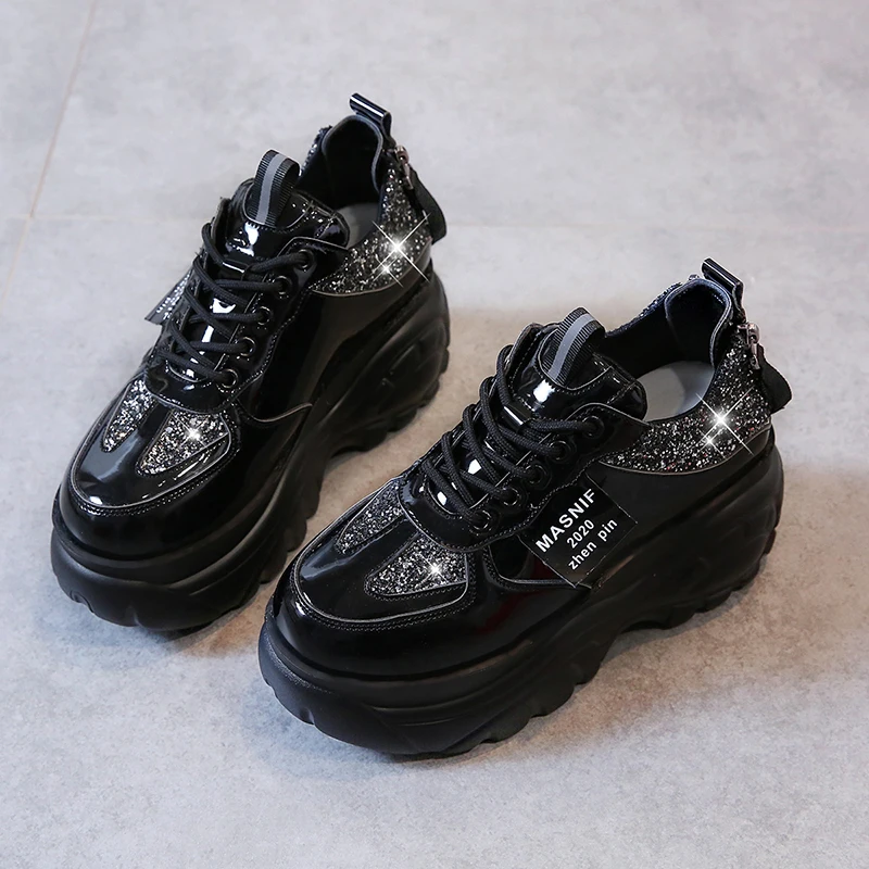 

7cm/2.7 inch Height Chunky Sneakers Thick Bottom Shoes Woman Wedge Sneakers High Platform White Shoes Casual Black Shoes