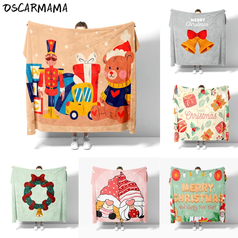 

Santa Bear Merry Christmas Cartoon Pattern Lovely Cute Cold Blanket Kid Baby Bed Cover Beige Green Warm Keeper Custom Design