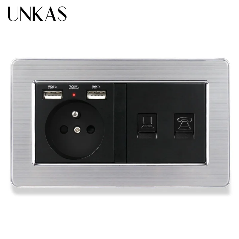 UNKAS Нержавеющая сталь Панель французская Розетка с двойным USB зарядка Порты и