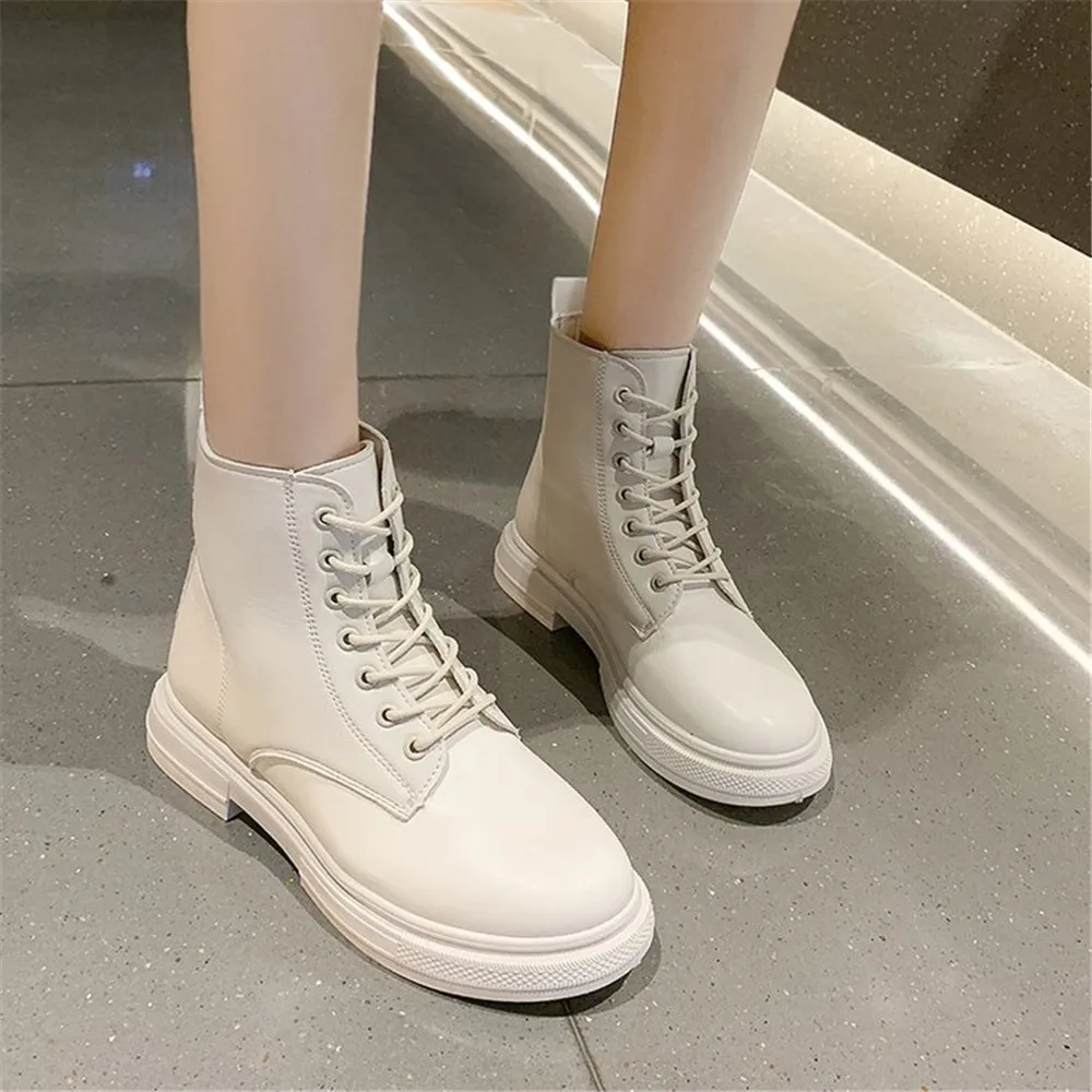 Ankle Boots Women Fashion Leather Lace-Up Round Toe Lady Square Heel Motorcycle Booties Autumn Platform Shoes Beige Black 35-40