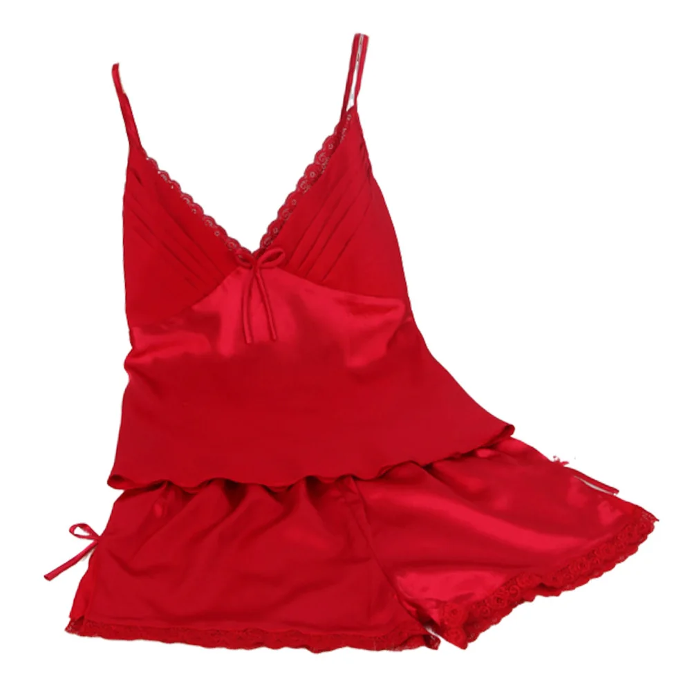 

Women Homewear Sexy Solid Color Lace Pajamas Spaghetti Straps Camisole Elastic Shorts Women's Deep V-neck Sleeveless Pajamas set