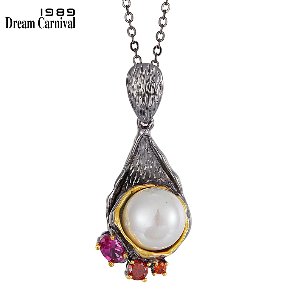 Dreamcarnival1989 Feminine Necklace Pendant for Women Pearl Flower Party Must Have Fuchsia Red Zircon Girls Love Jewelry WP6667
