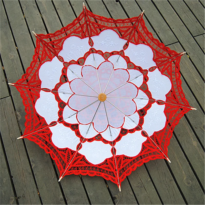 

Handmade Lace Umbrella Victoria Style Parasol Umbrella with Long Handle Photography Prop for Wedding Outdoor Sun KSI999