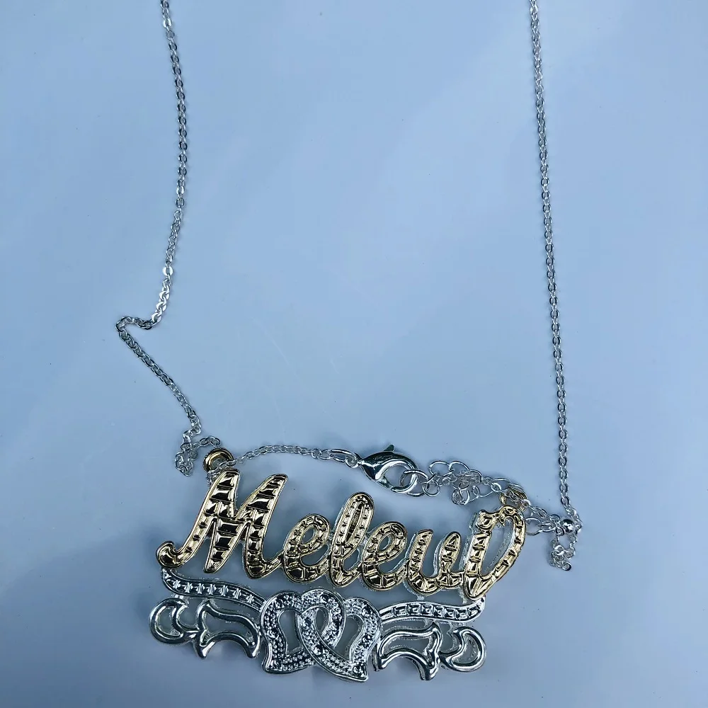Customized Name Double Heart Necklace 3D Name Pendant Custom Nameplate Birthstone Necklace Personalized Name Plate Women Chain