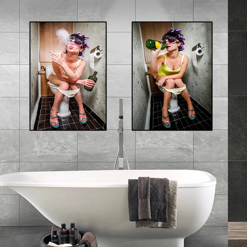 

Sexy black and white girl drinking sitting in bathtub canvas painting wall art woman printmaking picture home design