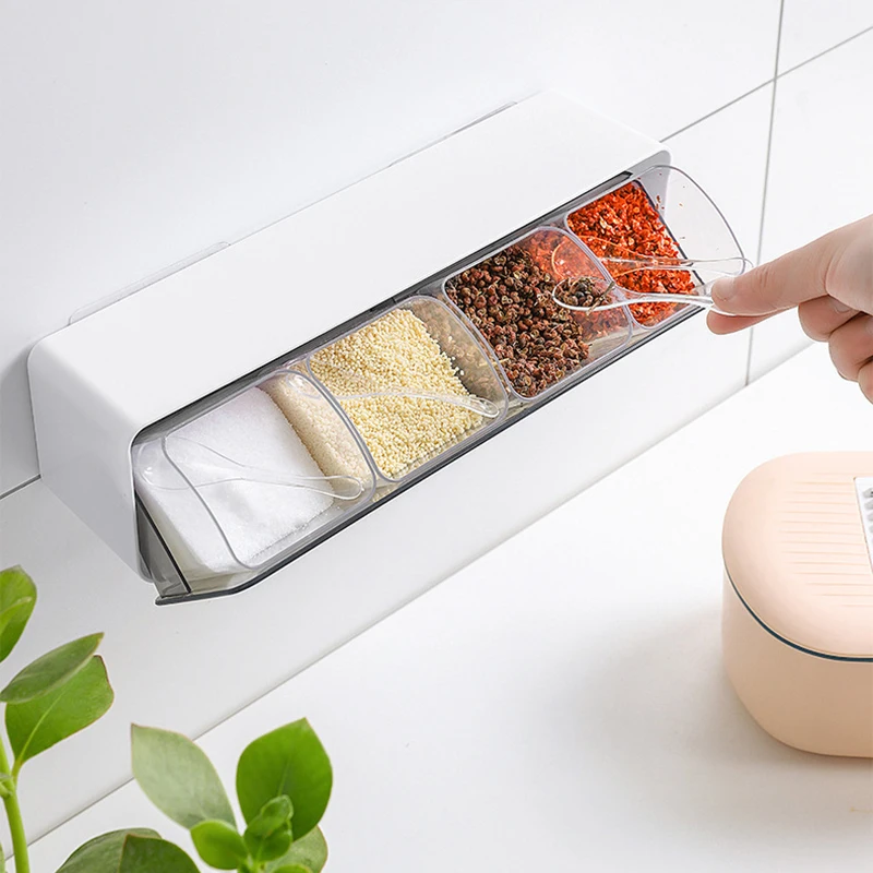 

Wall Mounted Seasoning Box Household Kitchen Plastic Salt Pepper Spice Rack Portable Durable Spice Storage Case Kitchen Gadget