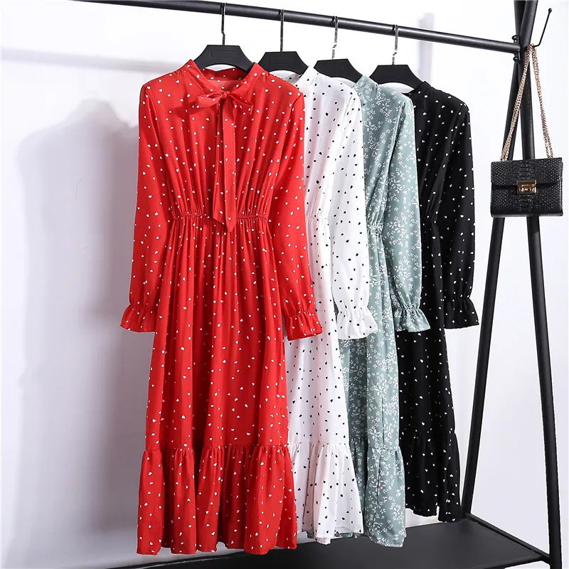 

2021 Summer Spring Chiffon Dress Women Long Sleeve Ruffles Bow Tie Collar Knee Length Dresses Vacation Beachwear Dress Robe 3XL