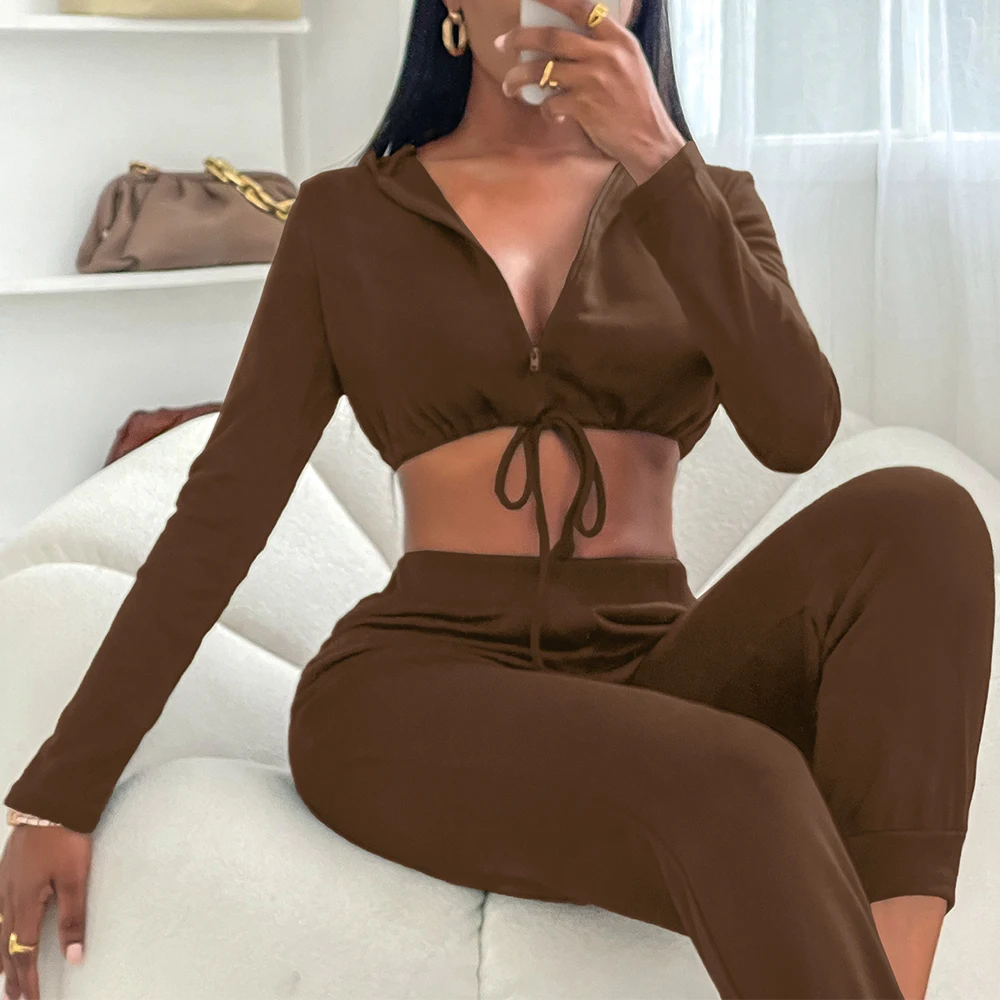 

Streetwear Women Skinny Hooded Tracksuit Set Long Sleeve Navel Slim Tops+Pants Turn-Down Neck Zipper Fashion Femme Sportswear