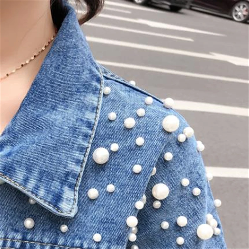 

Spring Loose Jean Outerwear Women Autumn Winter Long Sleeve Jeans Coats Korean Beading Joker Womens Ins Short Denim Jackets 2xL