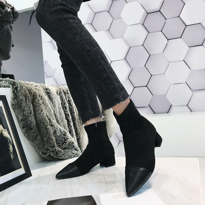 Ботильоны женские черные и персиковые замша кожа в стиле пэчворк модные зимние