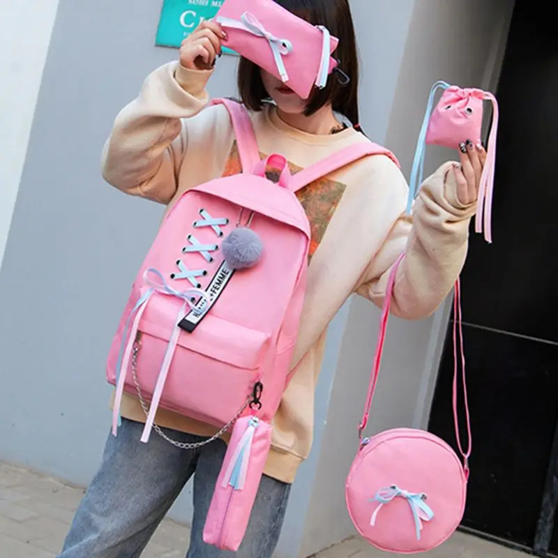 

5pcs Canvas Backpack School Student Ribbon Bookbags Casual Daypack Handbag Shoulder Drawstring Bag Pencil Case Set J60D