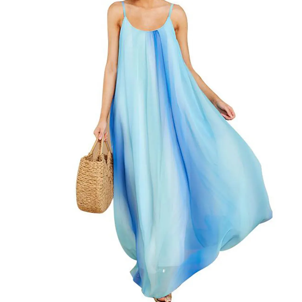 

Woman Dress Beach Skirt Gradient Color Rainbow Suspender Dress Summer Loose Long Skirt With Pocket Dress Quality Hot Sale 2021