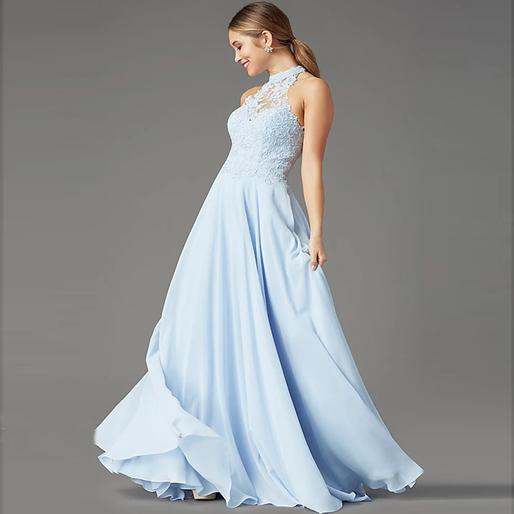 

Elegant A Line Light Blue Chiffon Prom Dresses Halter Evening Dress For Women Sweetheart Chiffon Dresses
