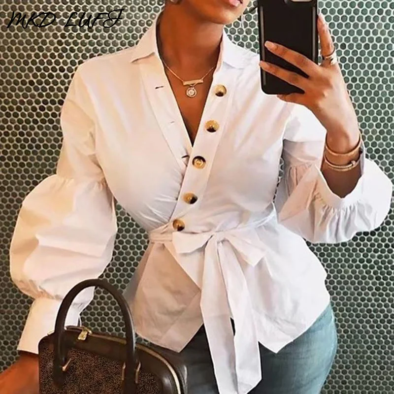 

Bottoned Surplice Wrap Lantern Cuff Shirts Women Solid White Long Sleeve Autumn Blouse Tops Ladies Tied Wasit Casual Shirts