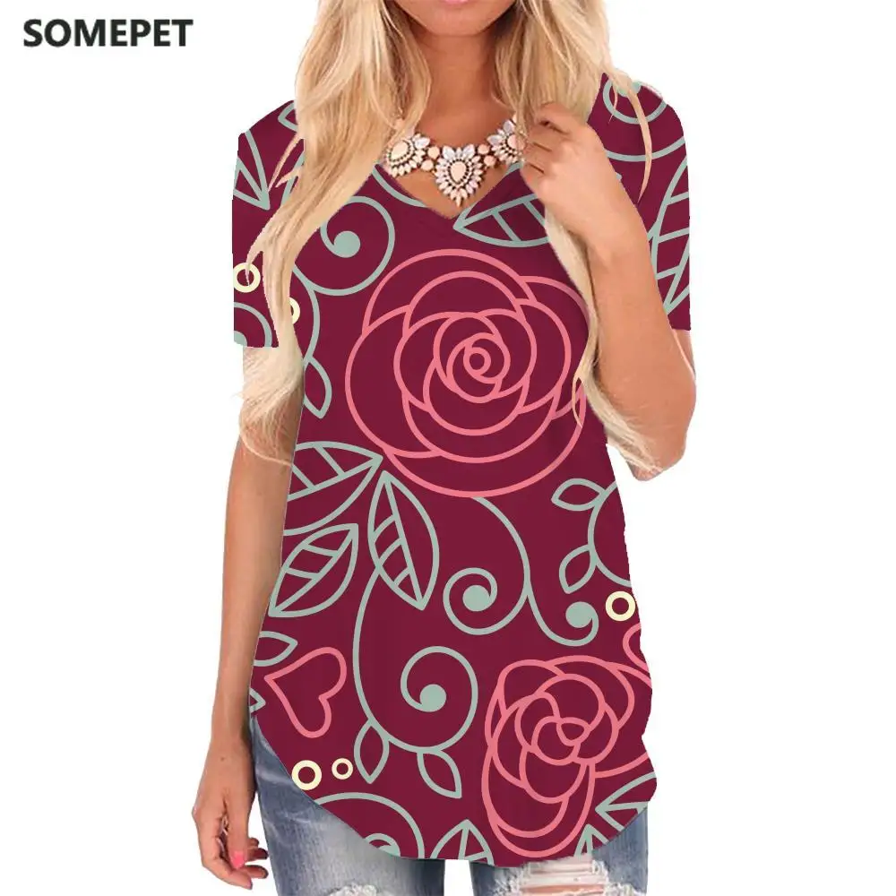 

SOMEPET Flowers T-shirt women Colorful Funny T shirts Pattern T-shirts 3d Abstract V-neck Tshirt Womens Clothing Summer