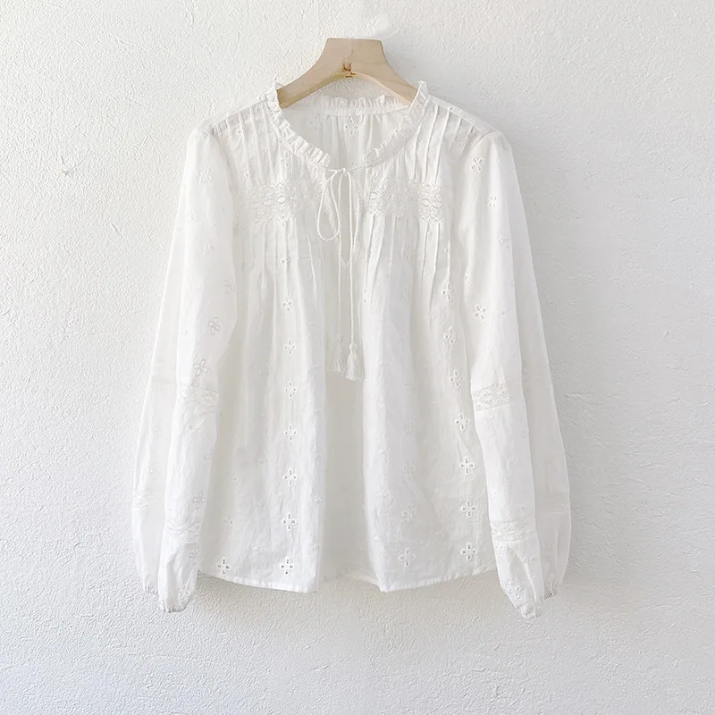 

Spring/summer new French shirt long sleeve white cotton embroidered blouse women's blouse