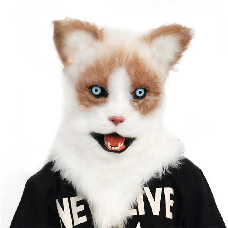 Маска кошки плюшевая с капюшоном имитацией котика 2D мир демон кошачий рот