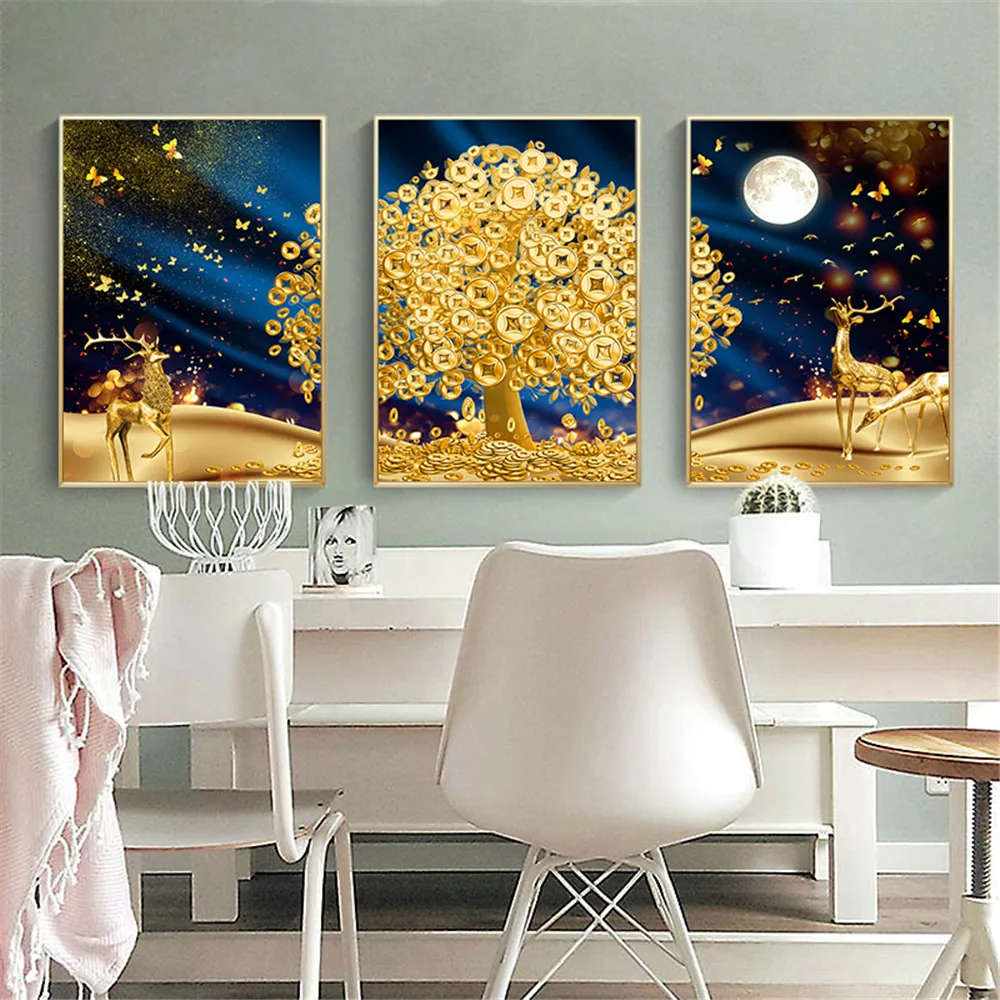 

Abstract Framed Golden Elk tree canvas painting Modular Wall Art Pictures Canvas for Living Room Landscape Abstract wall poster