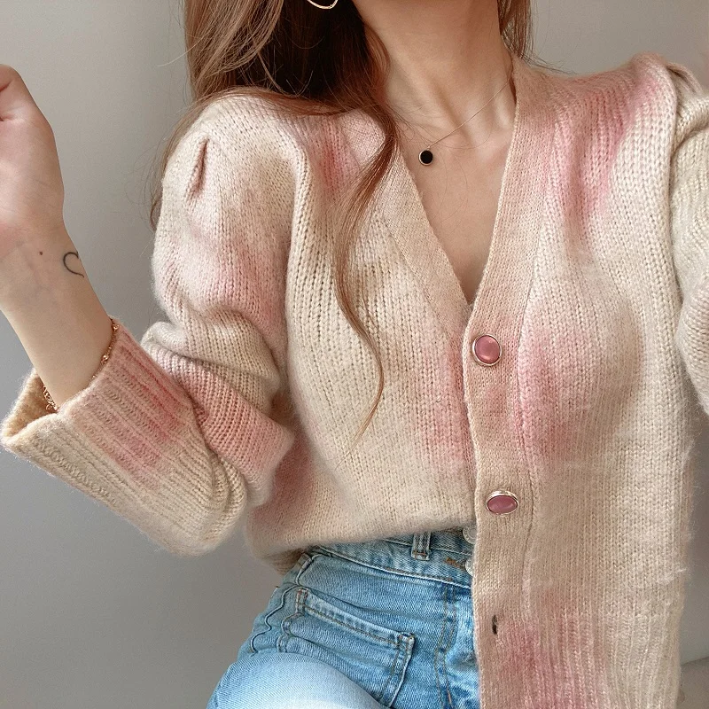 

Autumn Women Chic Irregular Tie Dye Single Breasted Knitted Sweaters Spring Sweet V-neck Jackets Lady Fashion Warm Cardigans