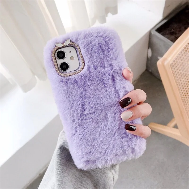 

IPhone Fluffy Plush Phone Case Candy Color Warm Back Cover for iPhone 11 Pro Max XS Max 12 Mini XR X 6 6s 7 8 Plus SE 2020