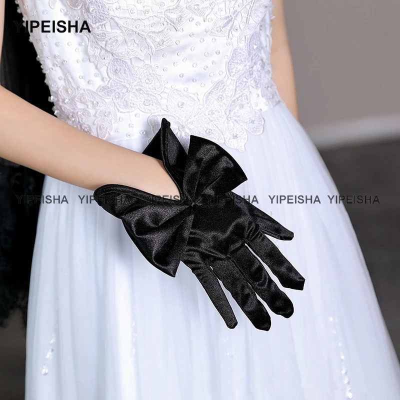 

Yipeisha Wedding Gloves with Bow Black Ivory White Wrist Length Bridal Gloves Finger Short Wedding Accessory