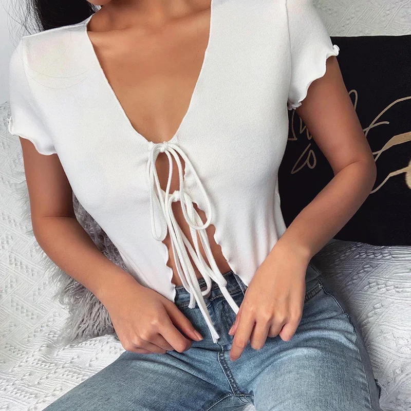 Женская футболка в рубчик с оборками однотонный Укороченный кардиган открытым