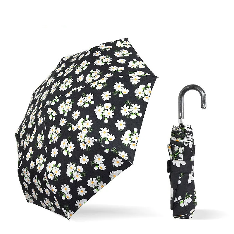 

Female Three Fold Silver Sun Umbrella Windproof Large Paraguas U Handle Daisy Flower Pattern Women Rain Umbrella