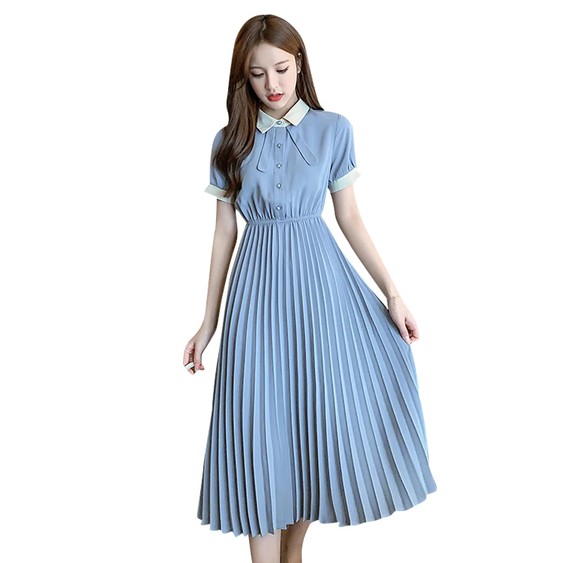 

2021 Summer New Fresh Polo Collar Short-Sleeved Shirt Dress Women's Mid-Length Waist Slimming Chiffon Dress