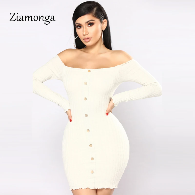 Ziamonga Sweater Dress Long Sleeve Bandage Strapless Off Shoulder Black White Knitted Autumn Winter Soft Sexy | Женская одежда