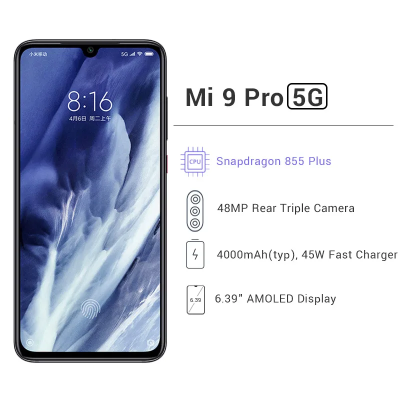 Xiaomi Mi 9 Pro 5G 8GB 128GB Смартфон Snapdragon 855 Plus 48MP Тройная камера 6,3" 4000 mAh NFC 45W быстрое зарядное устройство