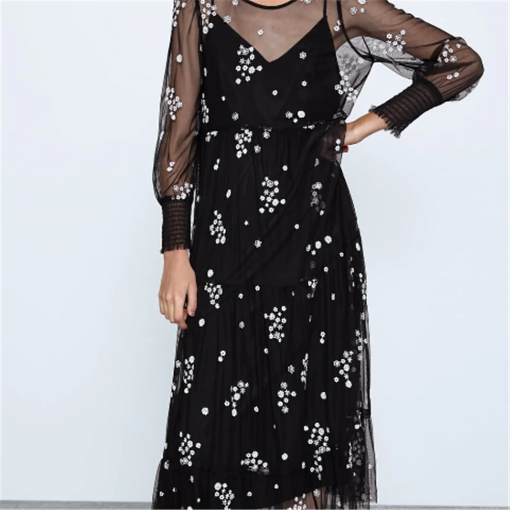 2020 ZA Модное Новое Женское платье весеннее цветочное вышитое Тюлевое Платье Бохо
