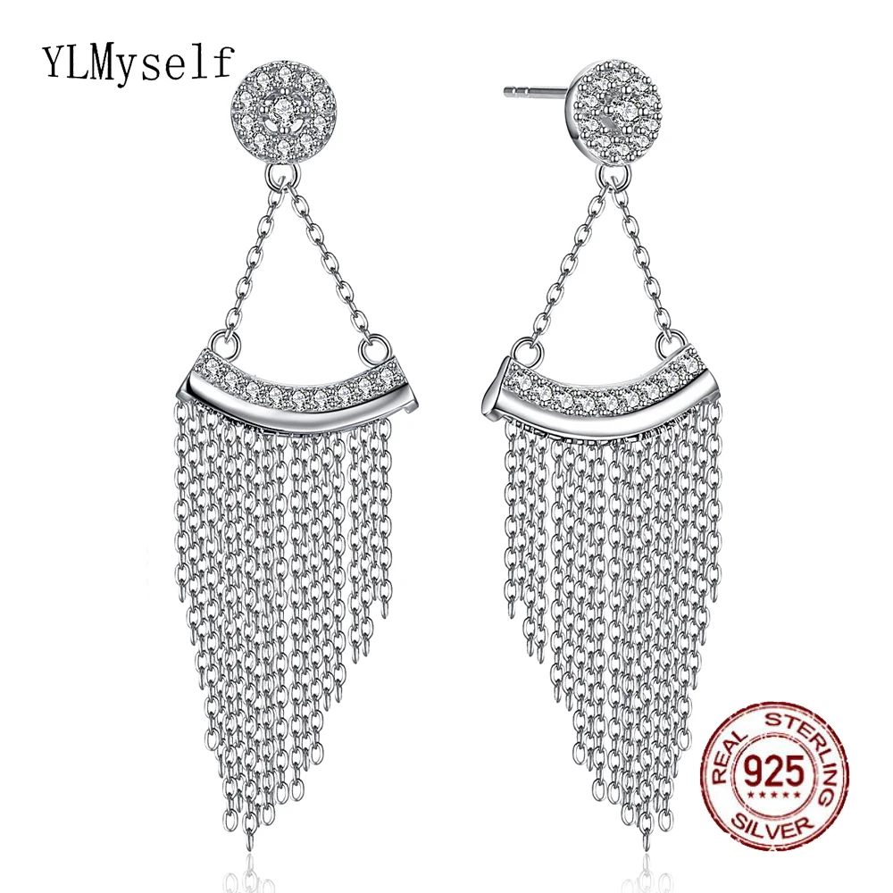 

Real 92.5% silver long dangle earrings triangle design jewelry chain jewellery real sterling silver drop earring for women