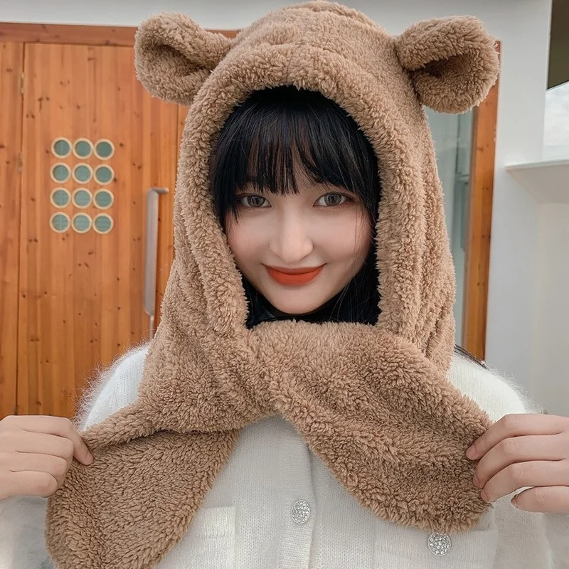 

Bear Ear Conjoined Hat Lamb Wool Short Bib Cute Versatile Hat Scarf In One