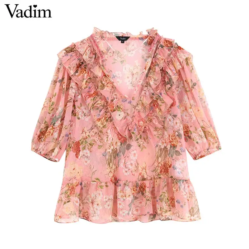 Vadim милый Женский шифоновый гофрированный цветочный блузка с v-образным вырезом и